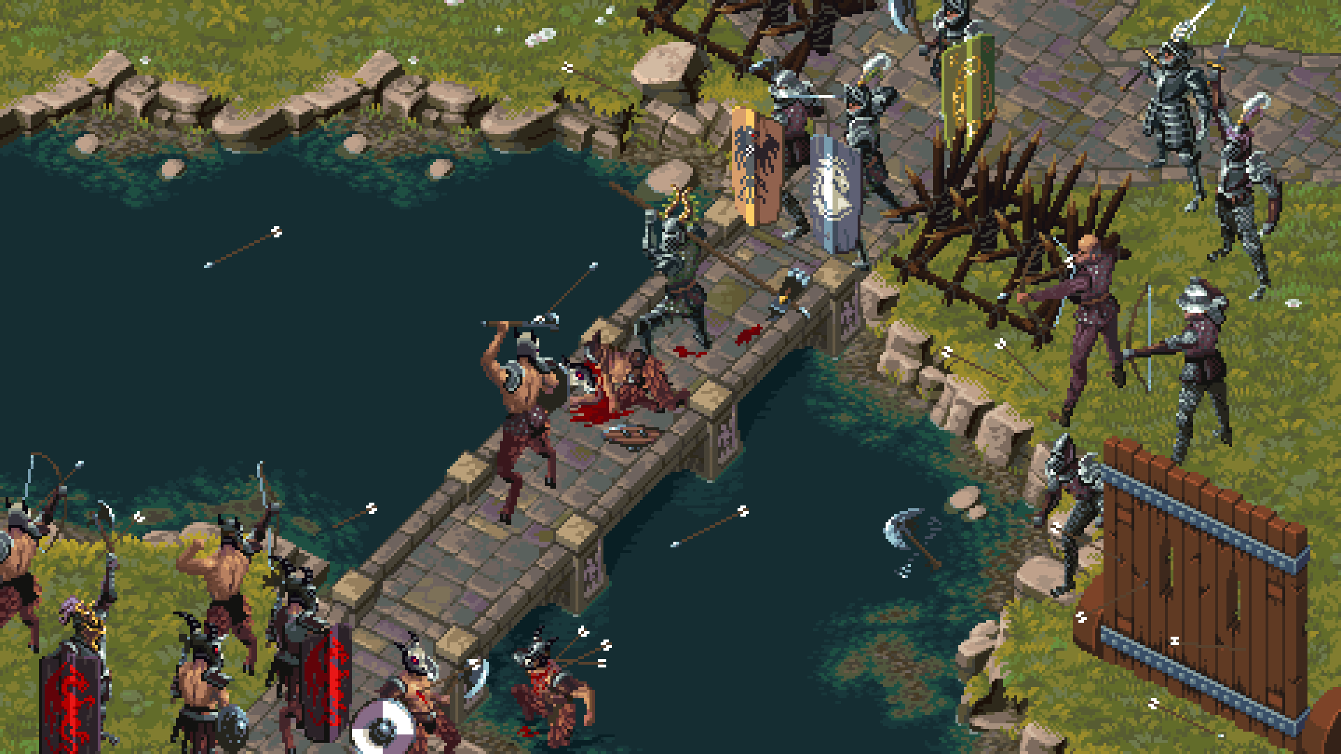 Knights and beastmen fighting over a stone bridge
