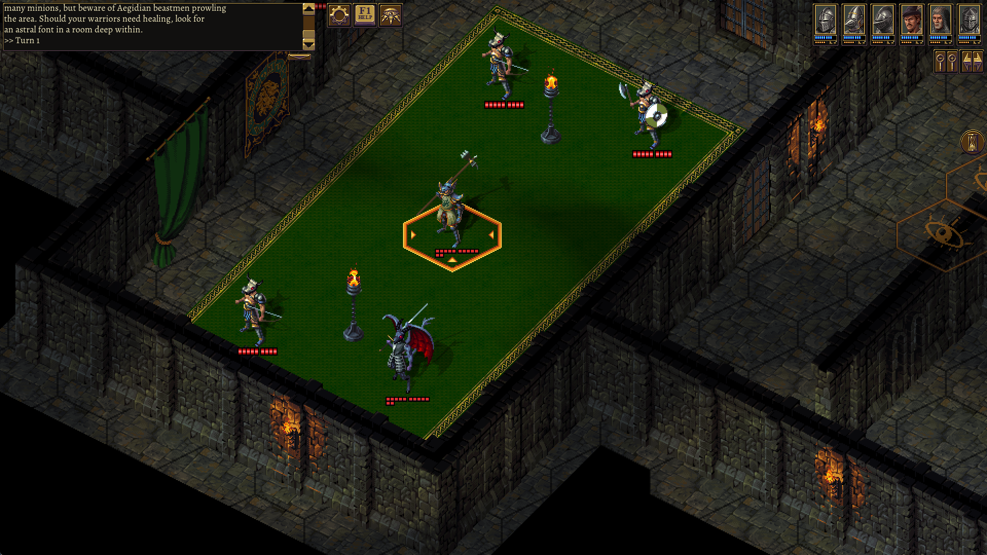 A party of knights fighting winged foes in a vaulted hall
