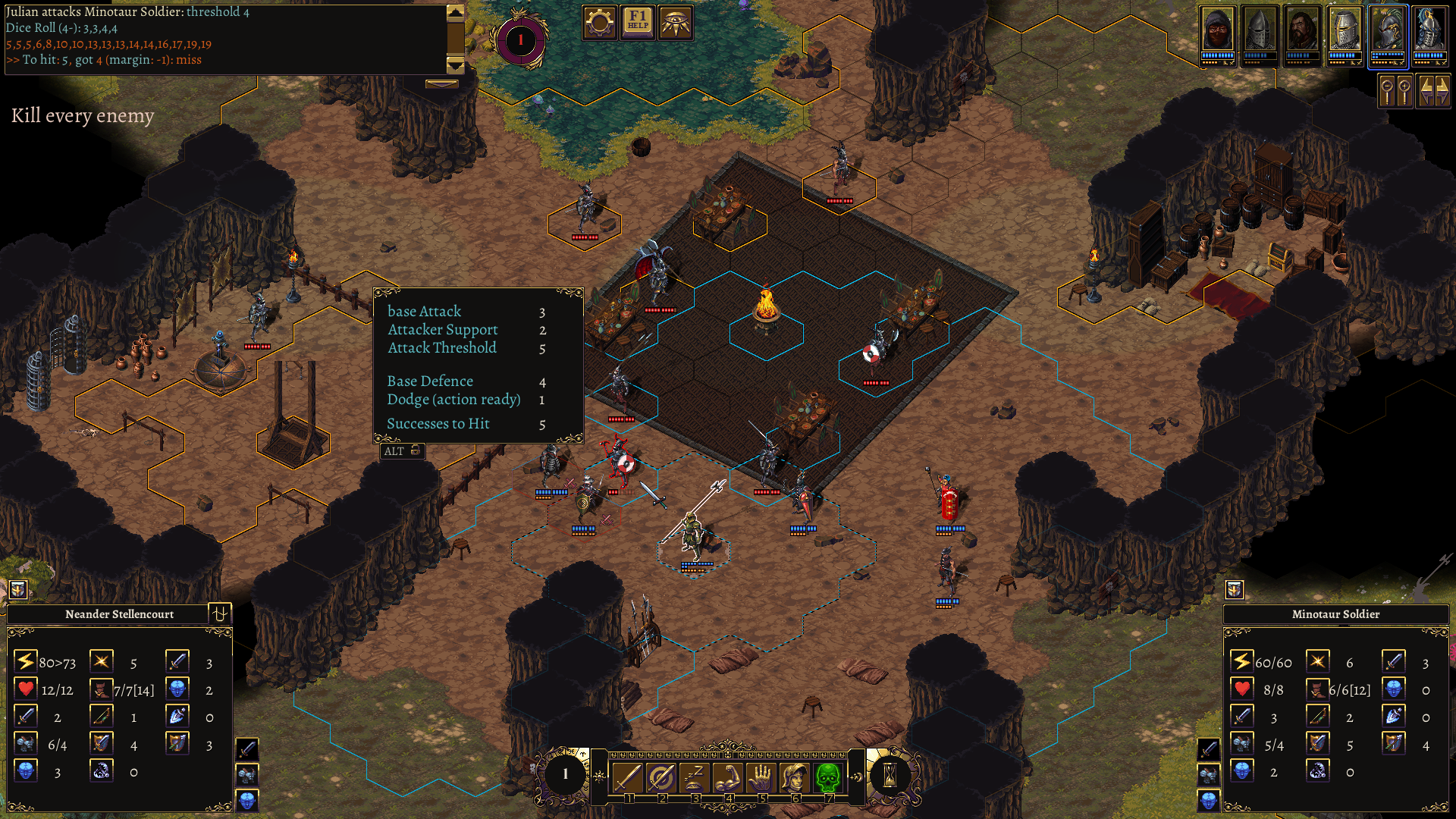 Attack odds tooltip during a fight with minotaur soldiers in a fortified camp
