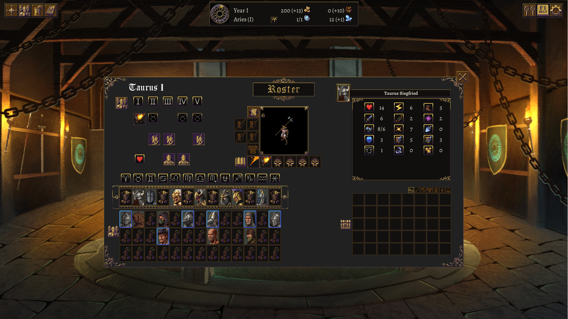 Roster screen showing the knights of the Taurus order
